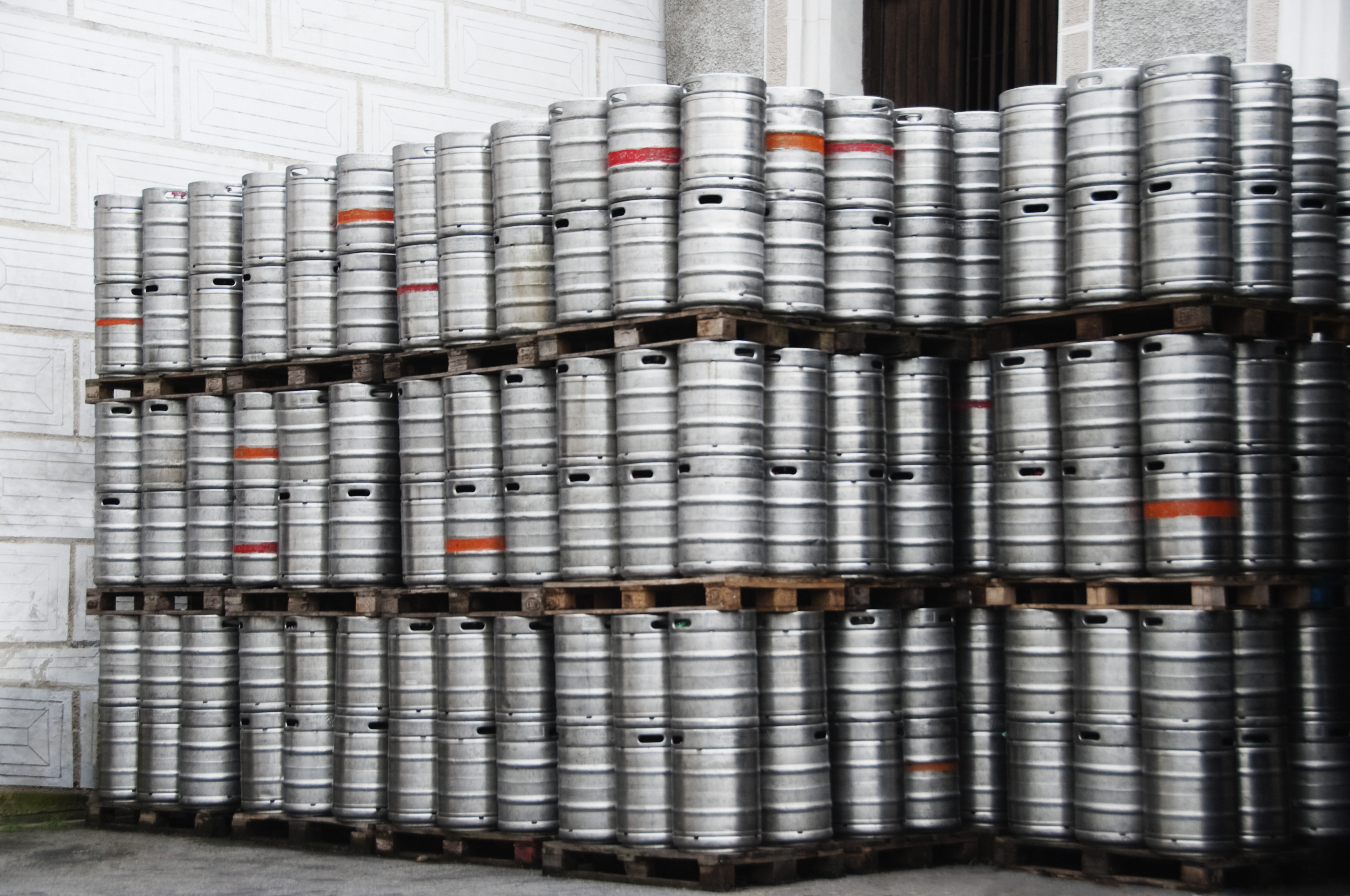 Stack of beer barrels in a brewery, Eggenberg, Cesky Krumlov, South Bohemian Region, Czech Republic